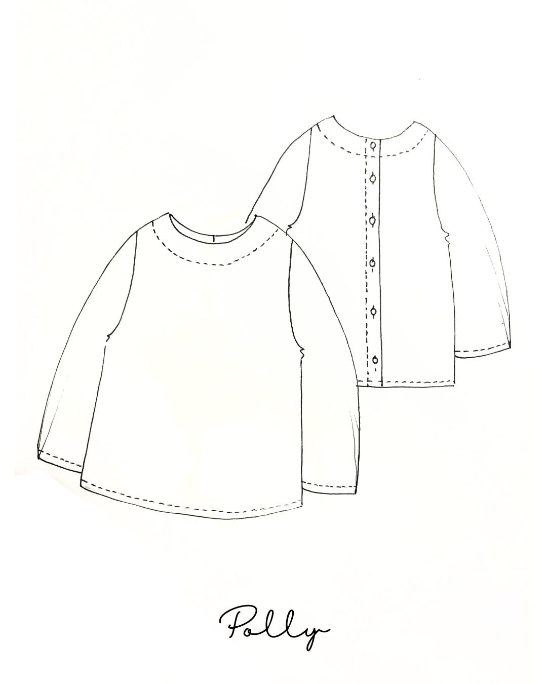 Line drawing of a long-sleeve top on a white background, with name 'Polly' .