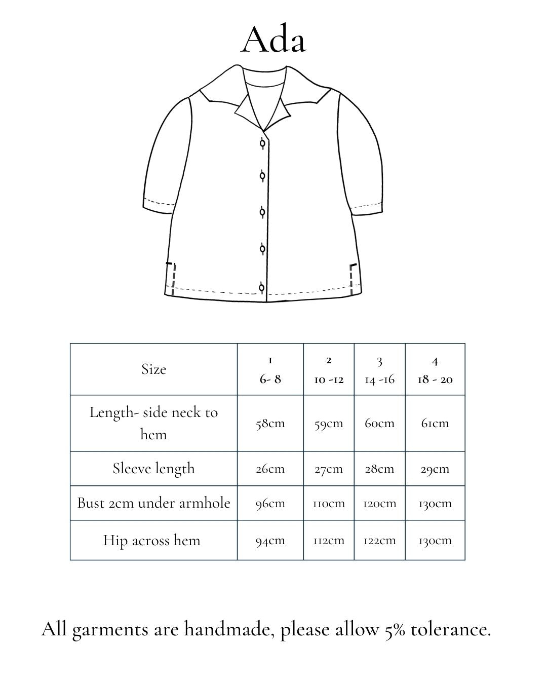 garment measurements on a chart with a line drawing of blouse