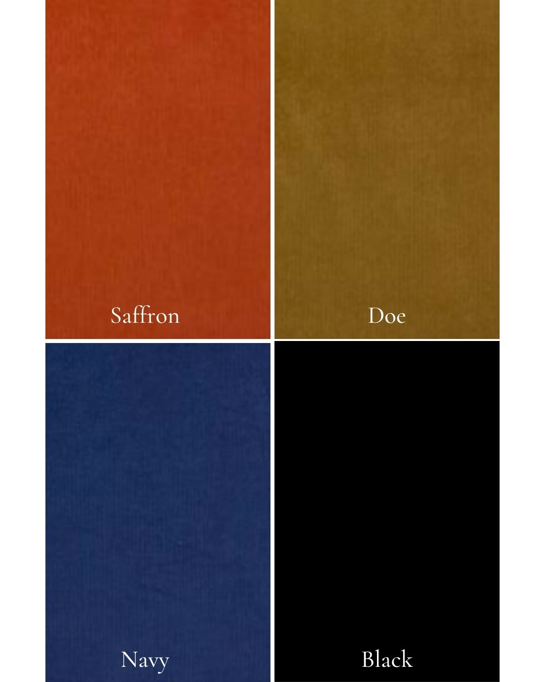 Four color swatches labeled Saffron, Doe, Navy, and Black on a white background.