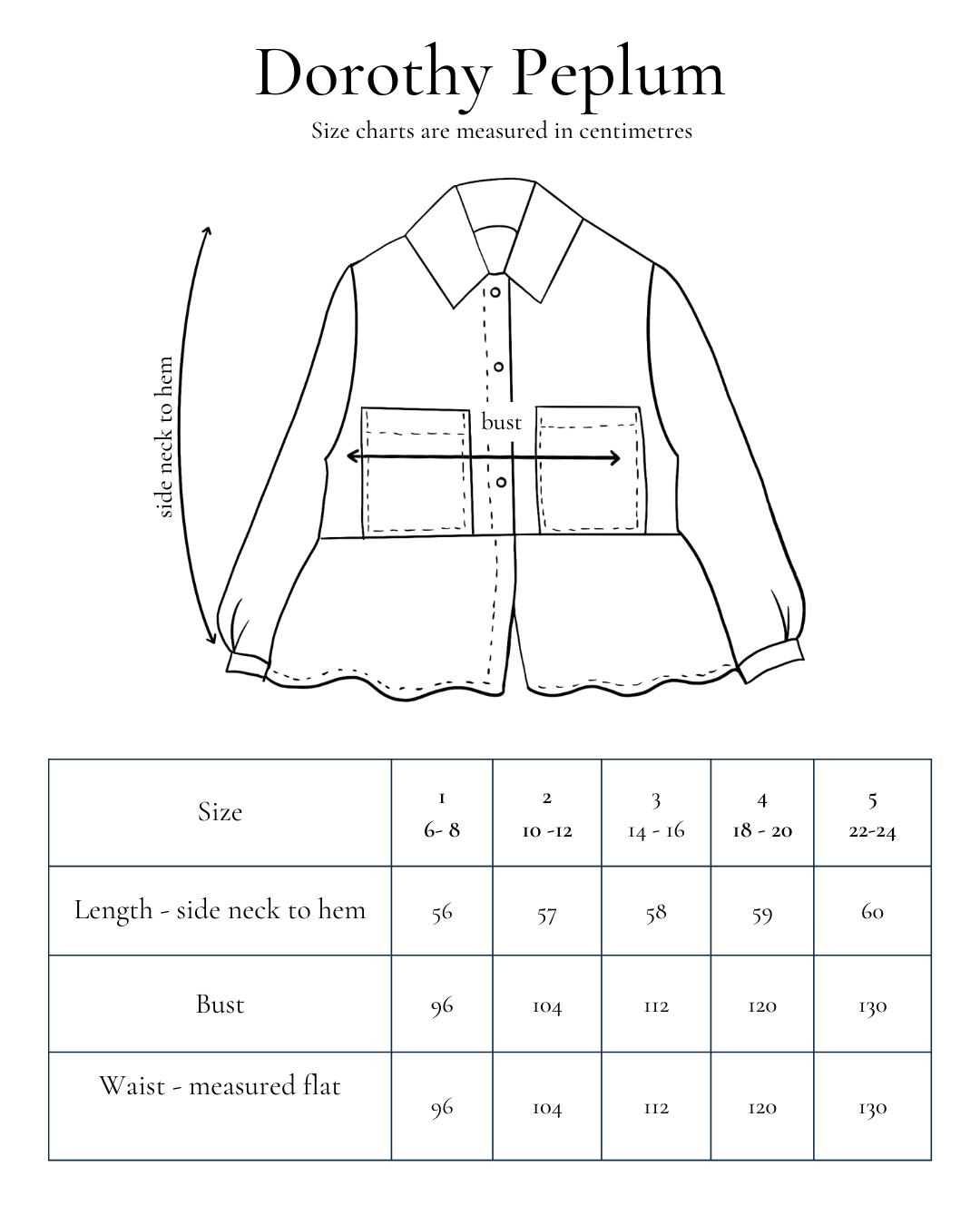 Garment measurement chart | Dorothy peplum shirt |