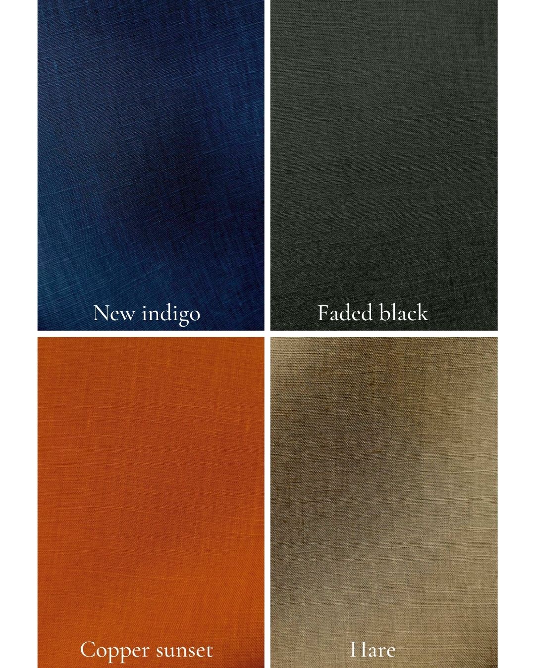 Four fabric swatches labeled 'New indigo', 'Faded black', 'Copper sunset', and 'Hare' on a white background.