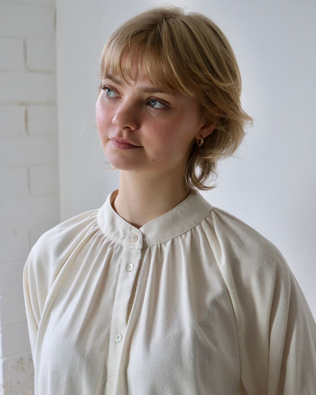 Womens, loose gathered blouse, natural silk, sustainably made in Lancashire. sizes 6- 24