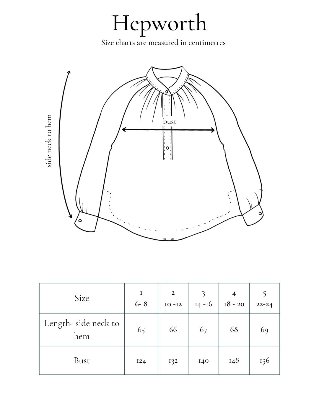line drawing of blouse with measurement chart nd title Hepworth