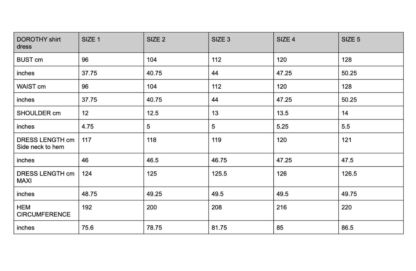 Measurement chart for Dorothy shirt dress sizes with dimensions in centimeters and inches.