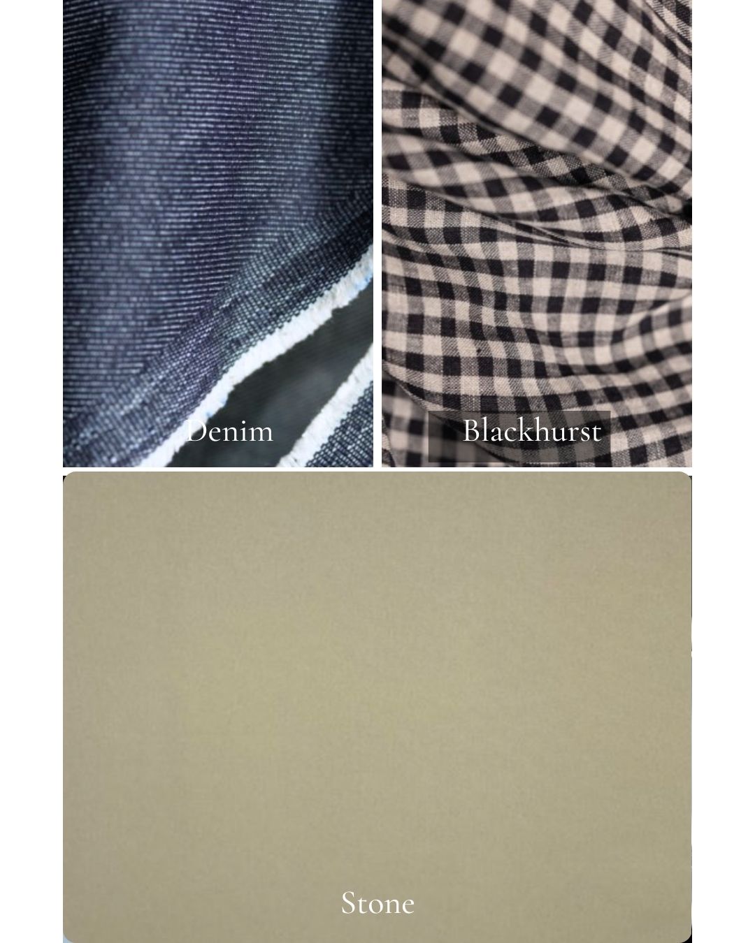 Three fabric swatches labeled 'Denim', 'Blackhurst', and 'Stone' arranged in a grid.