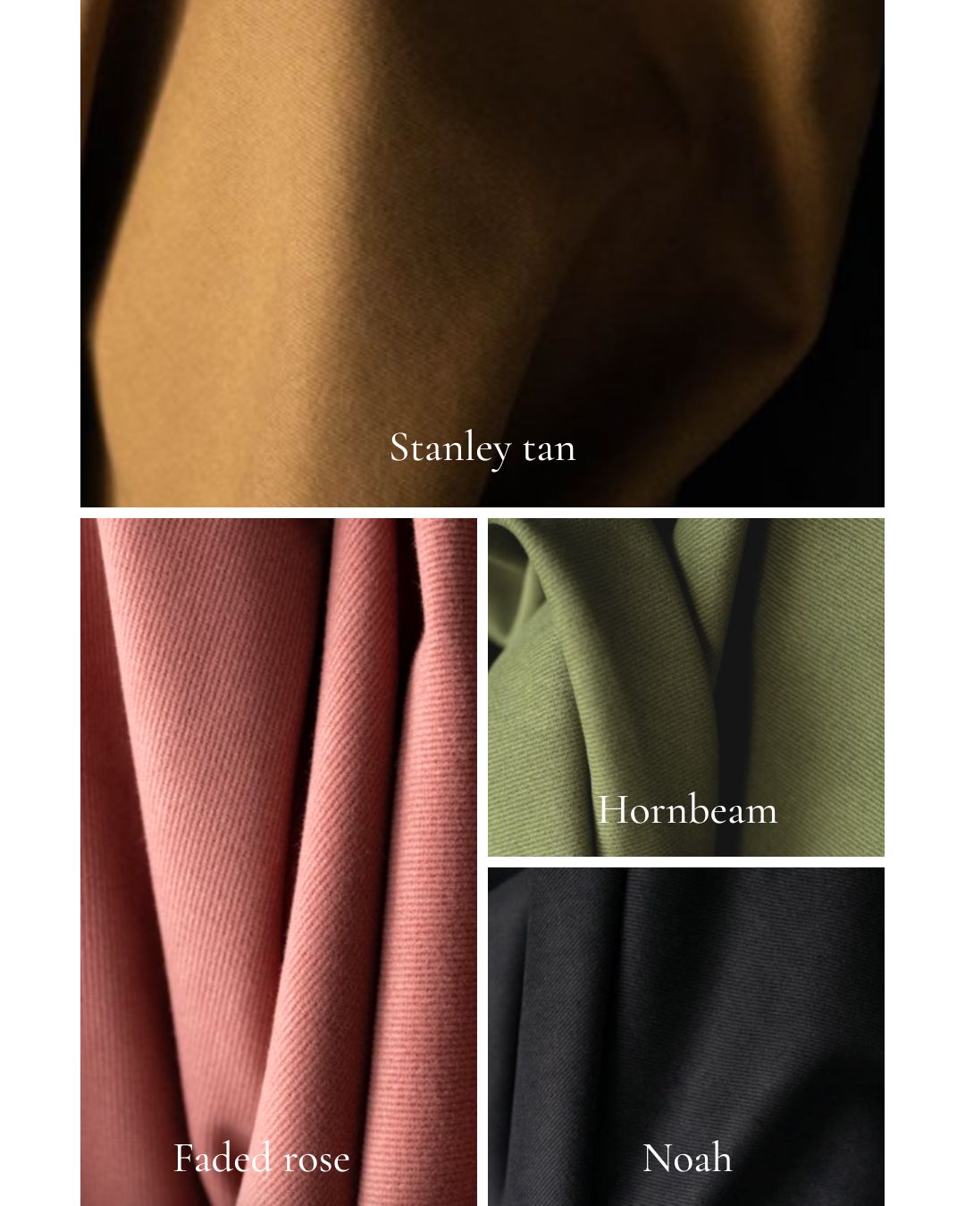 Color swatches of fabric in Stanley tan, Hornbeam, Faded rose, and Noah with text labels.