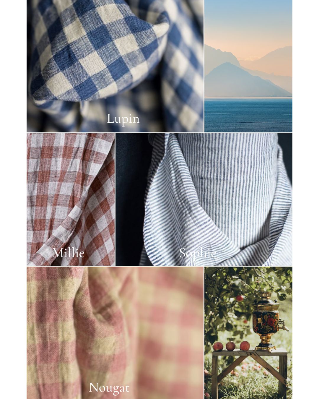 Collage of fabric textures and a scenic view with text labels 'Lupin', 'Milne', 'Squidgy', 'Nougat'.