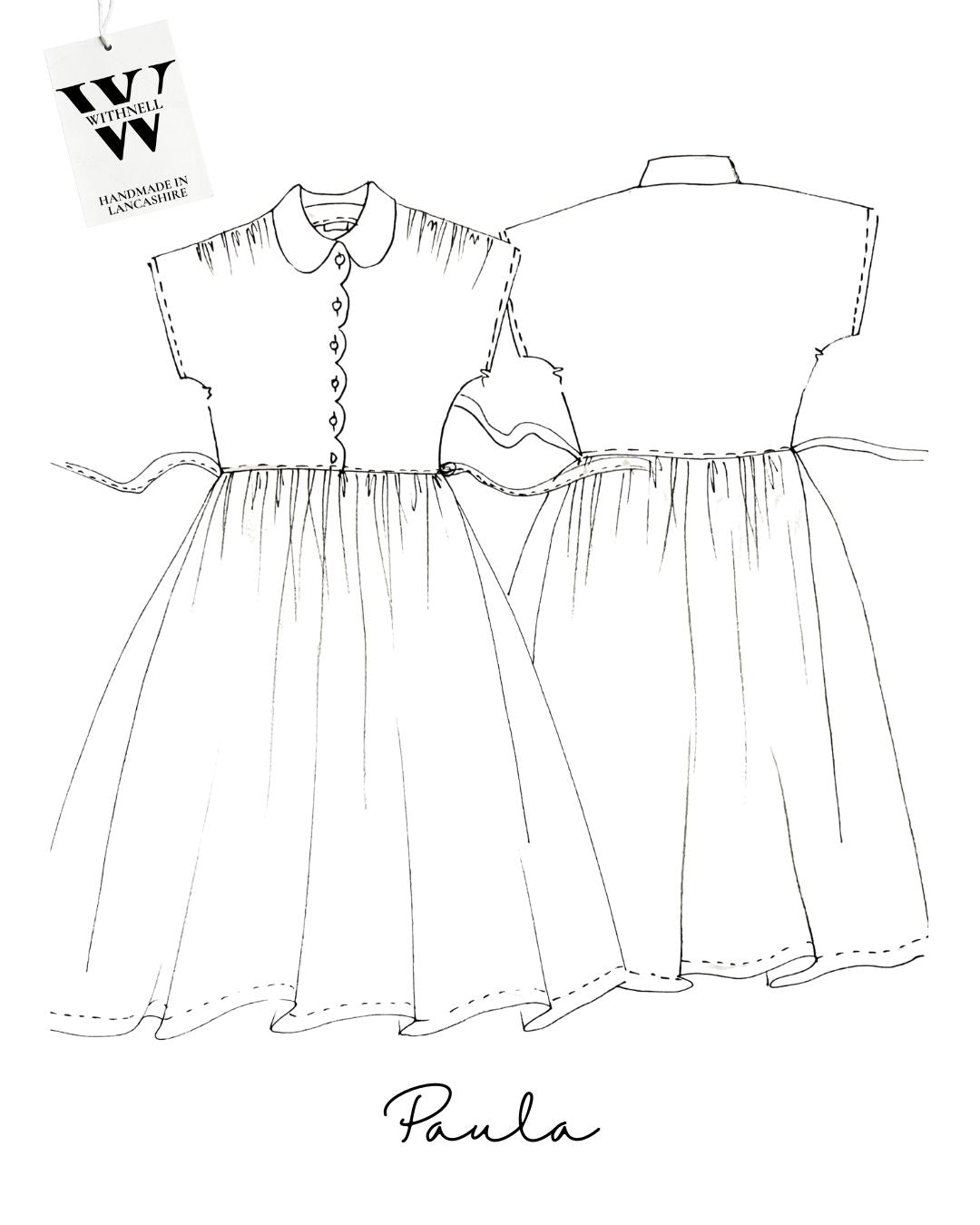 Line drawing of Paula dress featuring front and back view with details.