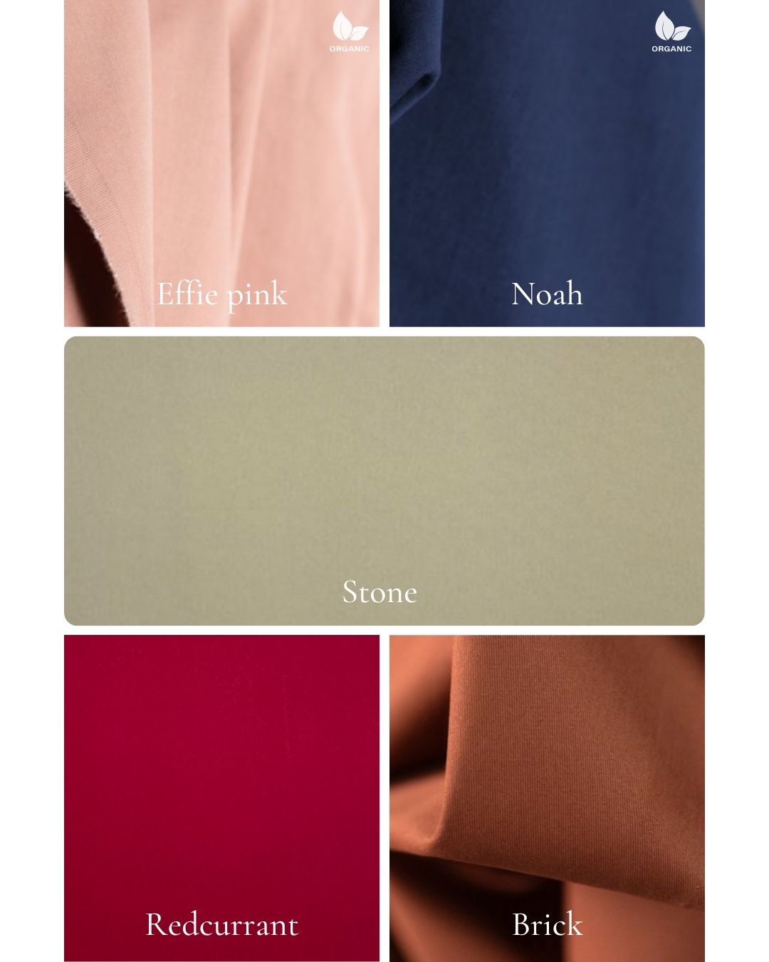Color swatches labeled 'Effie pink', 'Noah', 'Stone', 'Redcurrant', and 'Brick' on a white background.