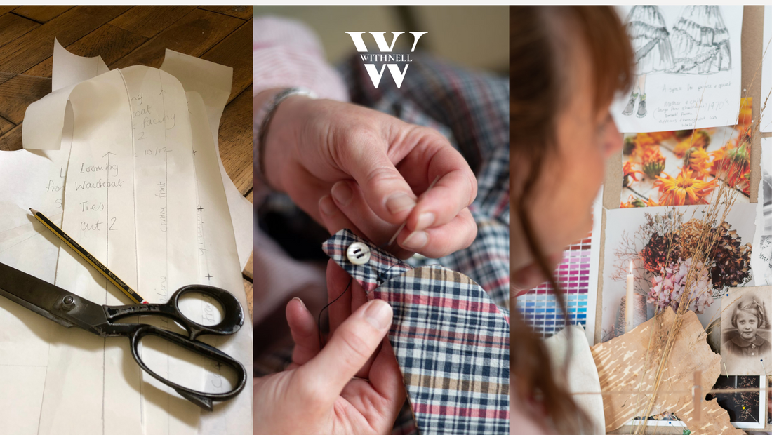 pictures of handmade garment studio with scissors, pattern pieces, a persons hands sewing and a mood board