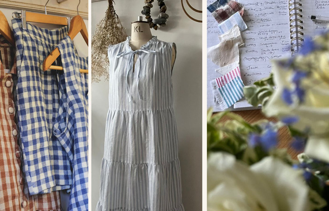 Withnell Studio images  linen garments hanging, a striped dress on a mannequin, fabric swatches and a notebook.
