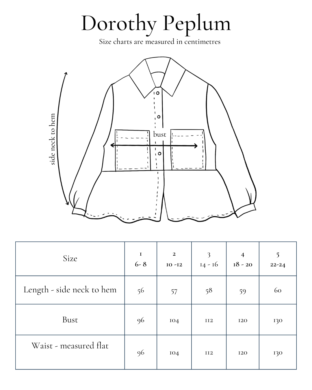 Garment measurements for all sizes.