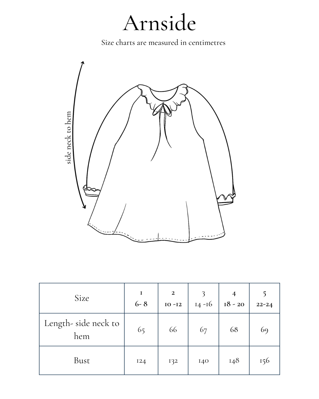 Garment measurement chart for Arnside - raglan sleeve blouse with gathered neckline and face framing frill.