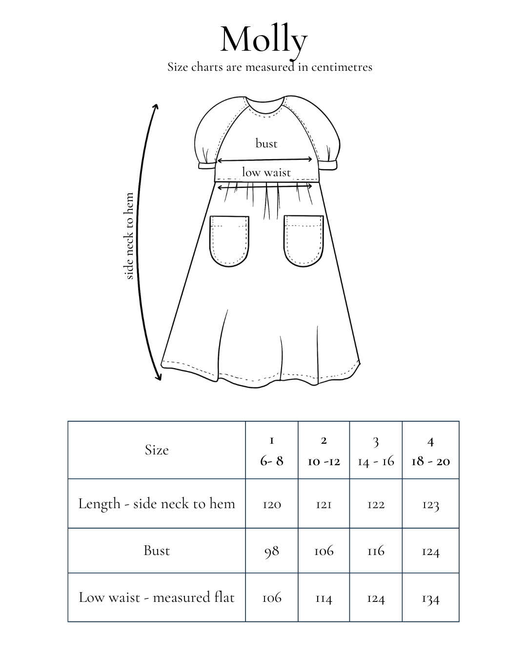garment measurement chart for Molly Everyday Dress | Size 6-24 | Casual Dress | Coton Dress | Made To Order Dresses |