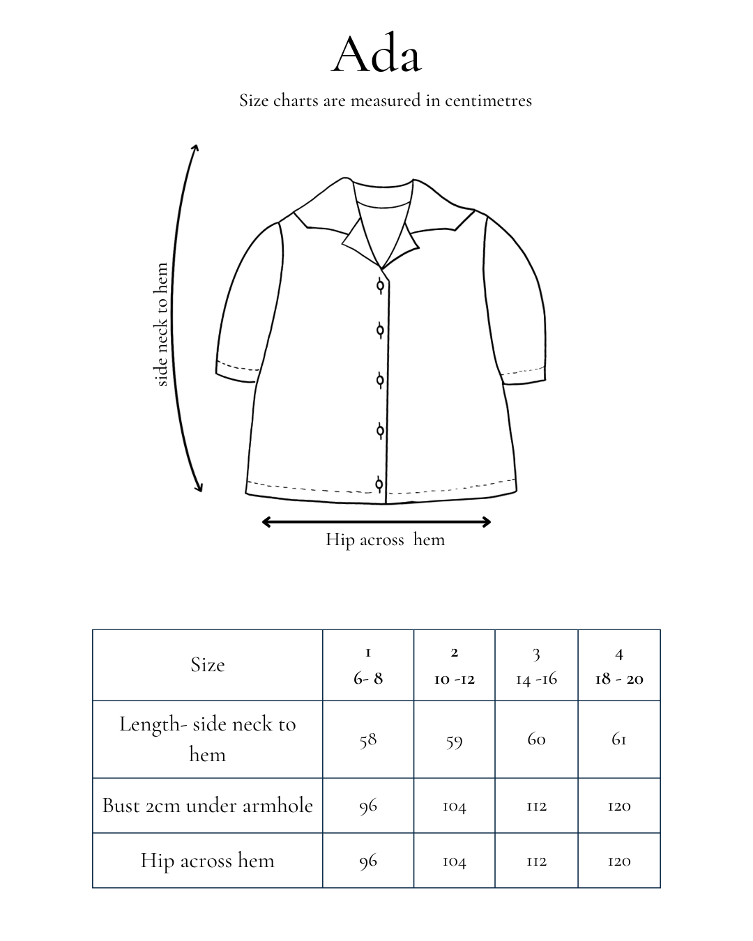 Garment measurement guide for Ada short sleeve blouse