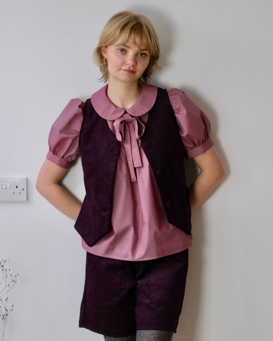 Women's waistcoat. with structured panels and covered buttons.  Sustainable brand, made in England