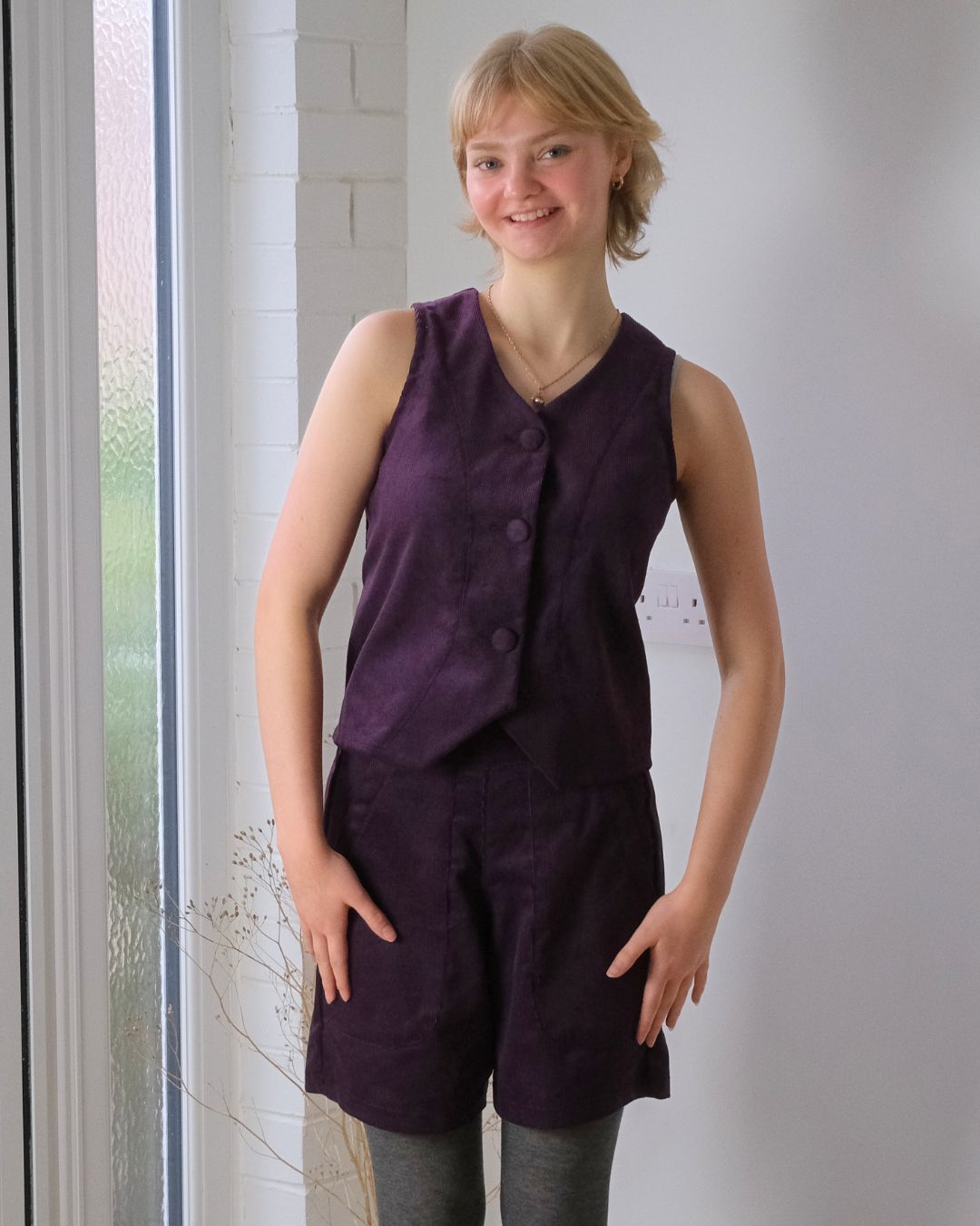 Women's waistcoat. with structured panels and covered buttons.  Sustainable brand, made in England