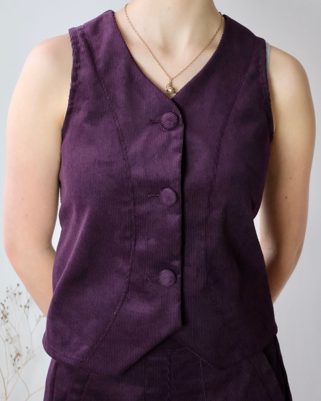 Women's waistcoat. with structured panels and covered buttons.  Sustainable brand, made in England