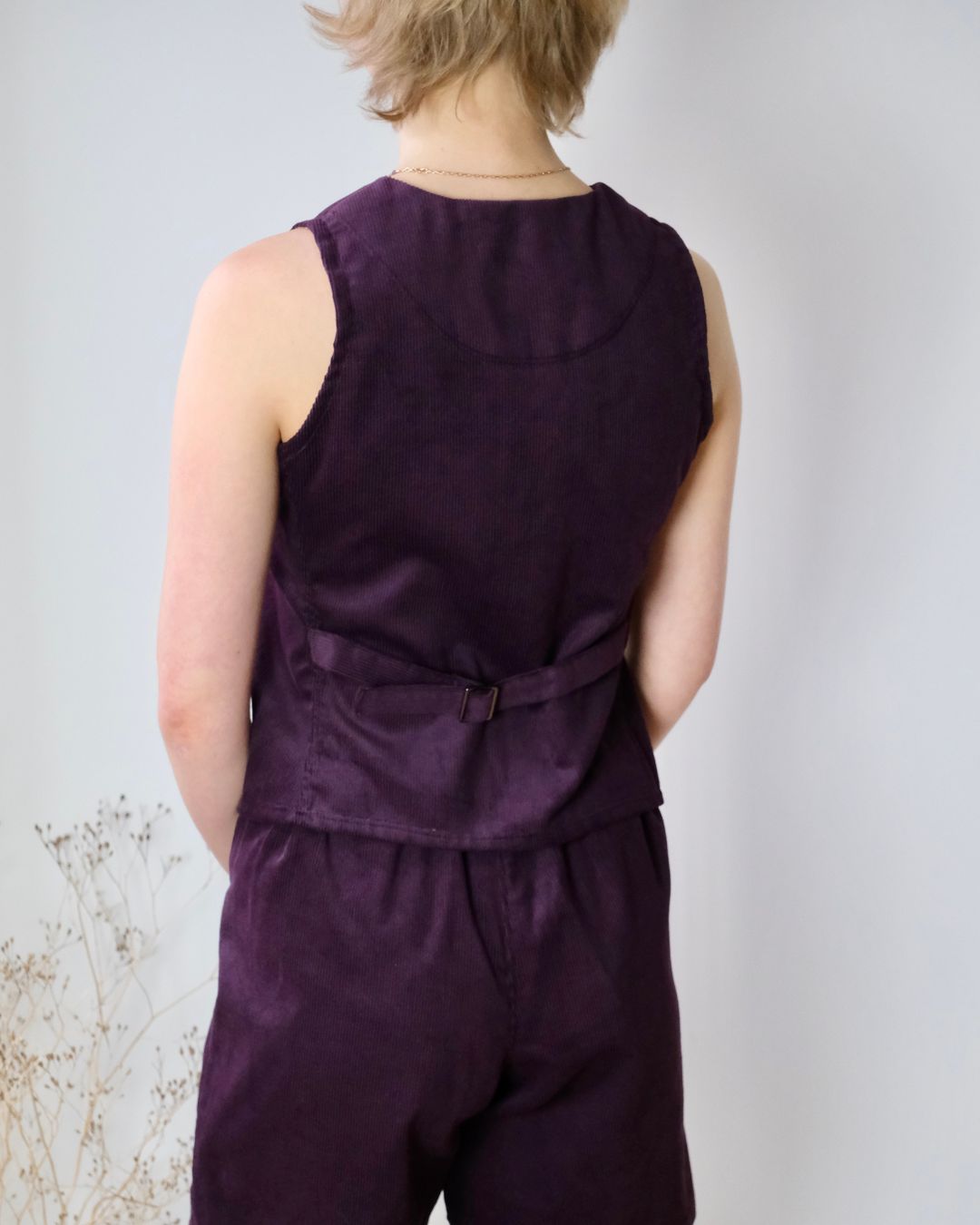 Women's waistcoat. with structured panels and covered buttons.  Sustainable brand, made in England