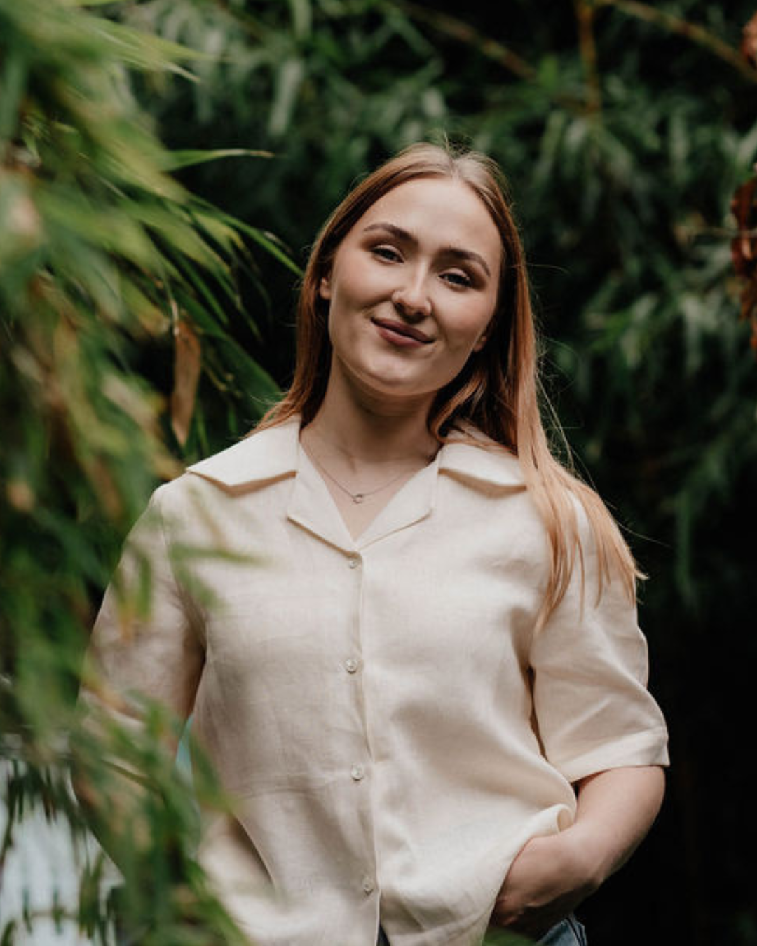 linen blouse with revere collar and short sleeves