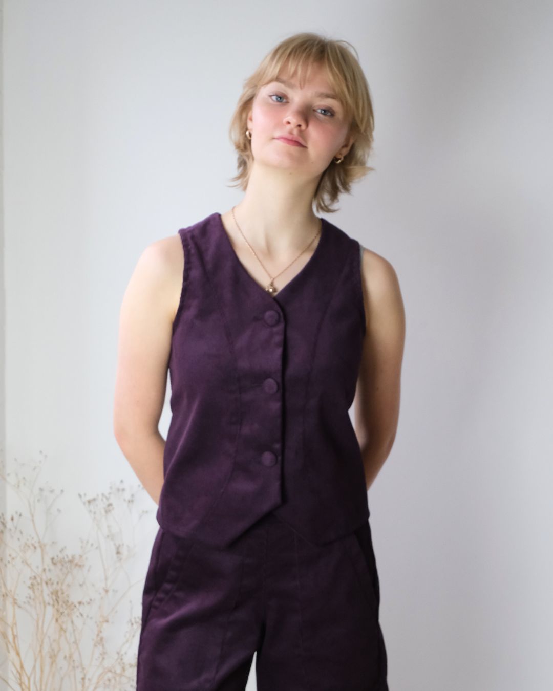 Women's waistcoat. with structured panels and covered buttons.  Sustainable brand, made in England