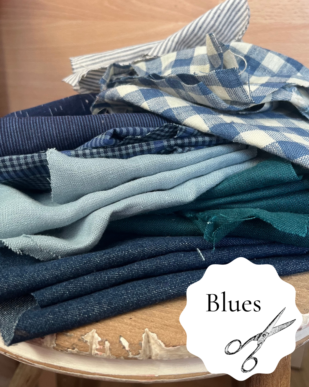 A collection of premium scraps for zero waste sewing projects. All blues.