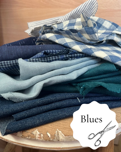 A collection of premium scraps for zero waste sewing projects. All blues.