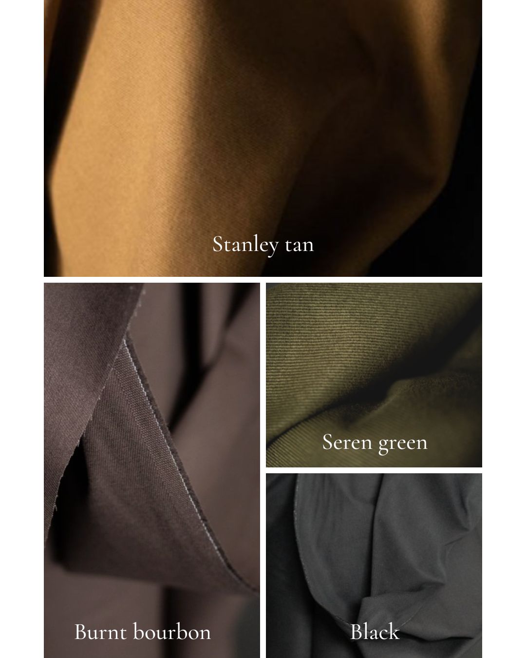 Close-up of fabric swatches in Stanley tan, Seren green, Burnt bourbon, and Black.
