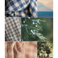 Collage of checkered fabric, mountain landscape, and nature elements with text labels.