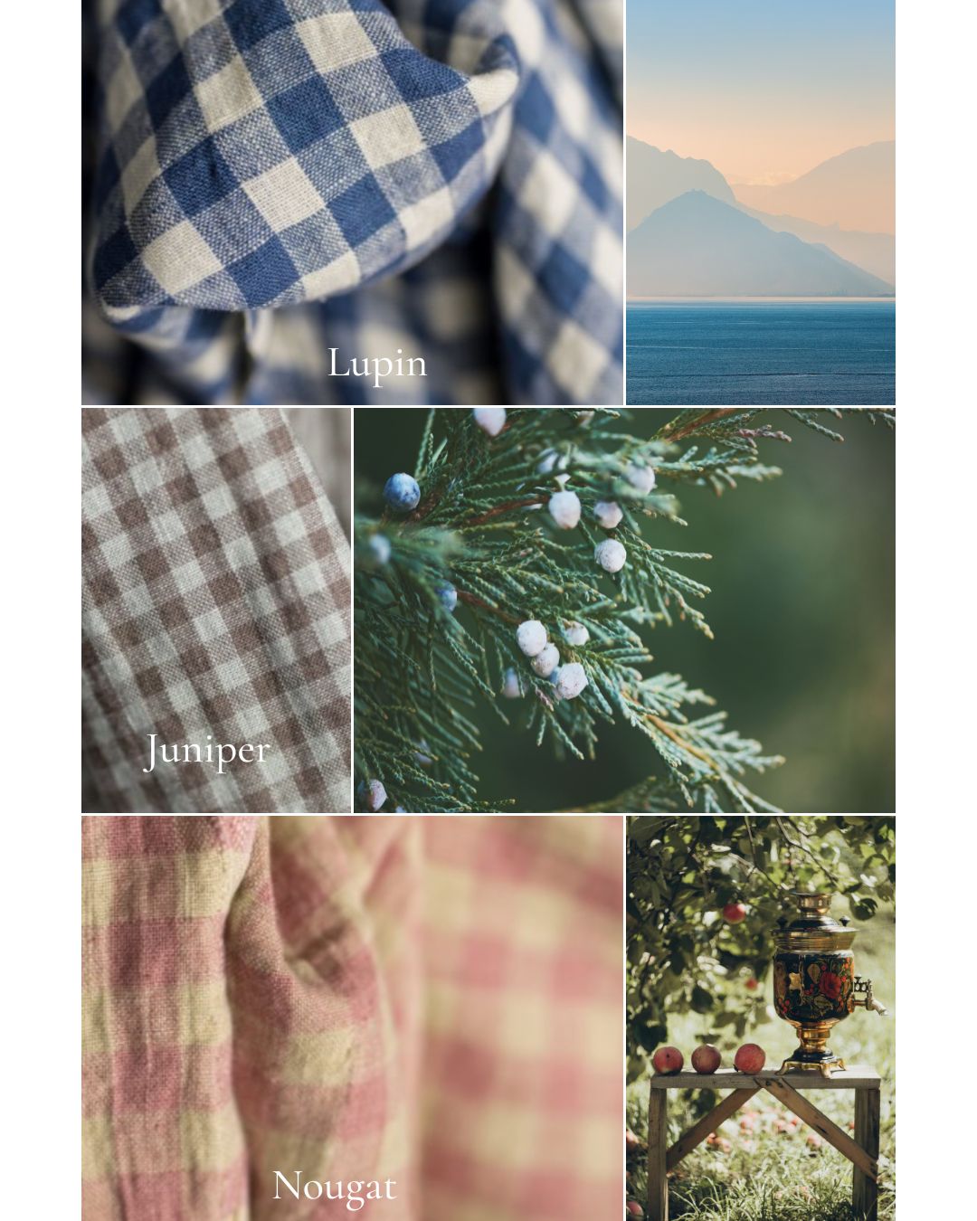 Collage of checkered fabric, mountain landscape, and nature elements with text labels.