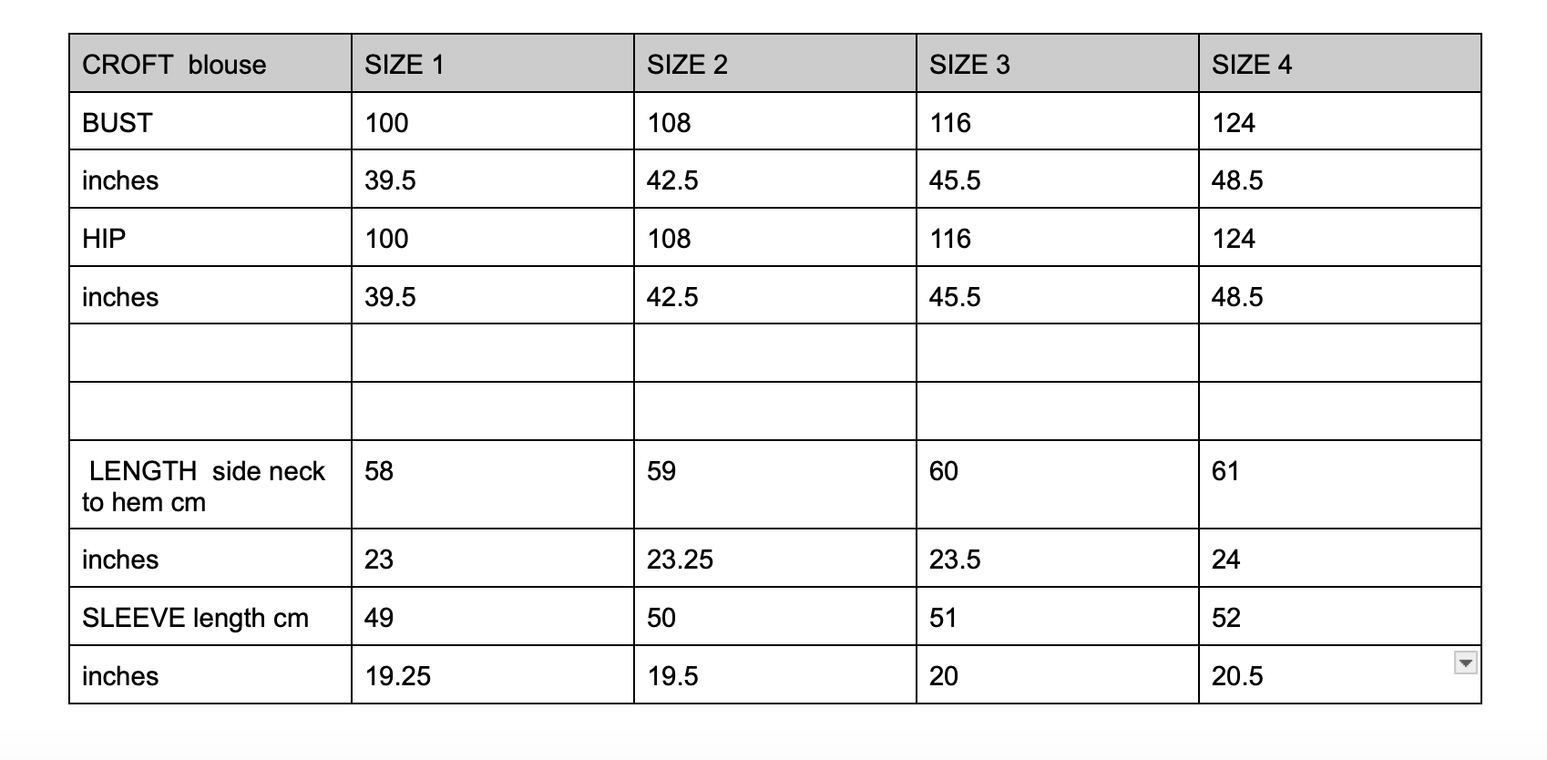 Size chart for a blouse with measurements in inches and centimeters.