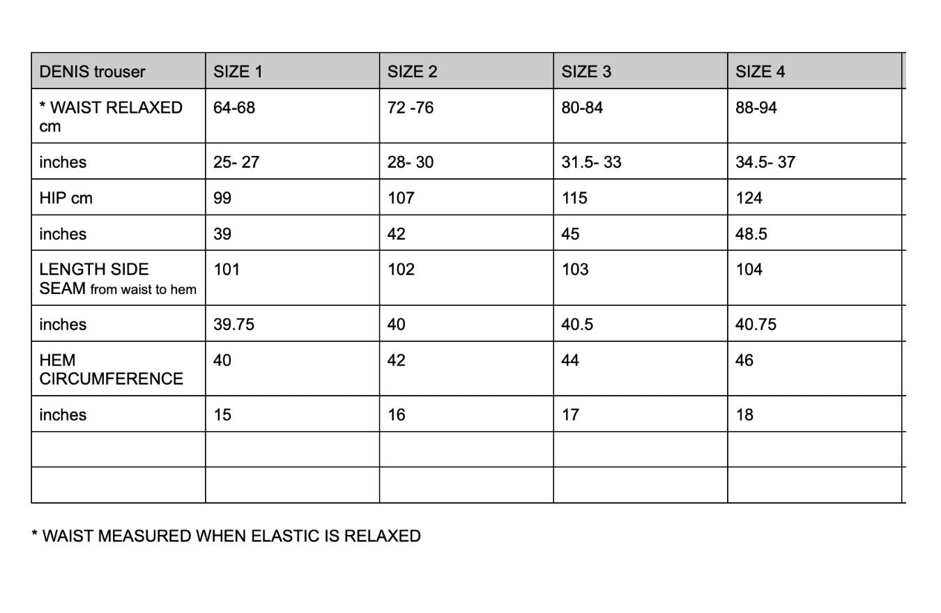 Size chart for DENIS trousers with measurements in centimeters and inches.