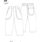 Black and white line drawing of denim trousers with a visible brand tag on a white background.