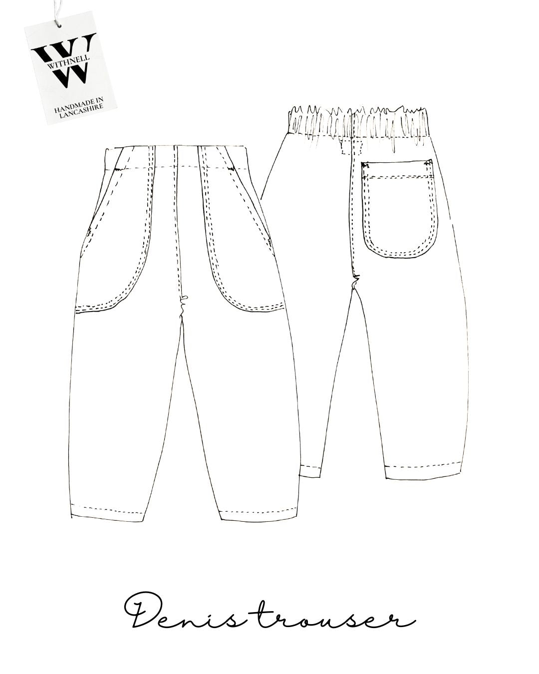 Black and white line drawing of denim trousers with a visible brand tag on a white background.