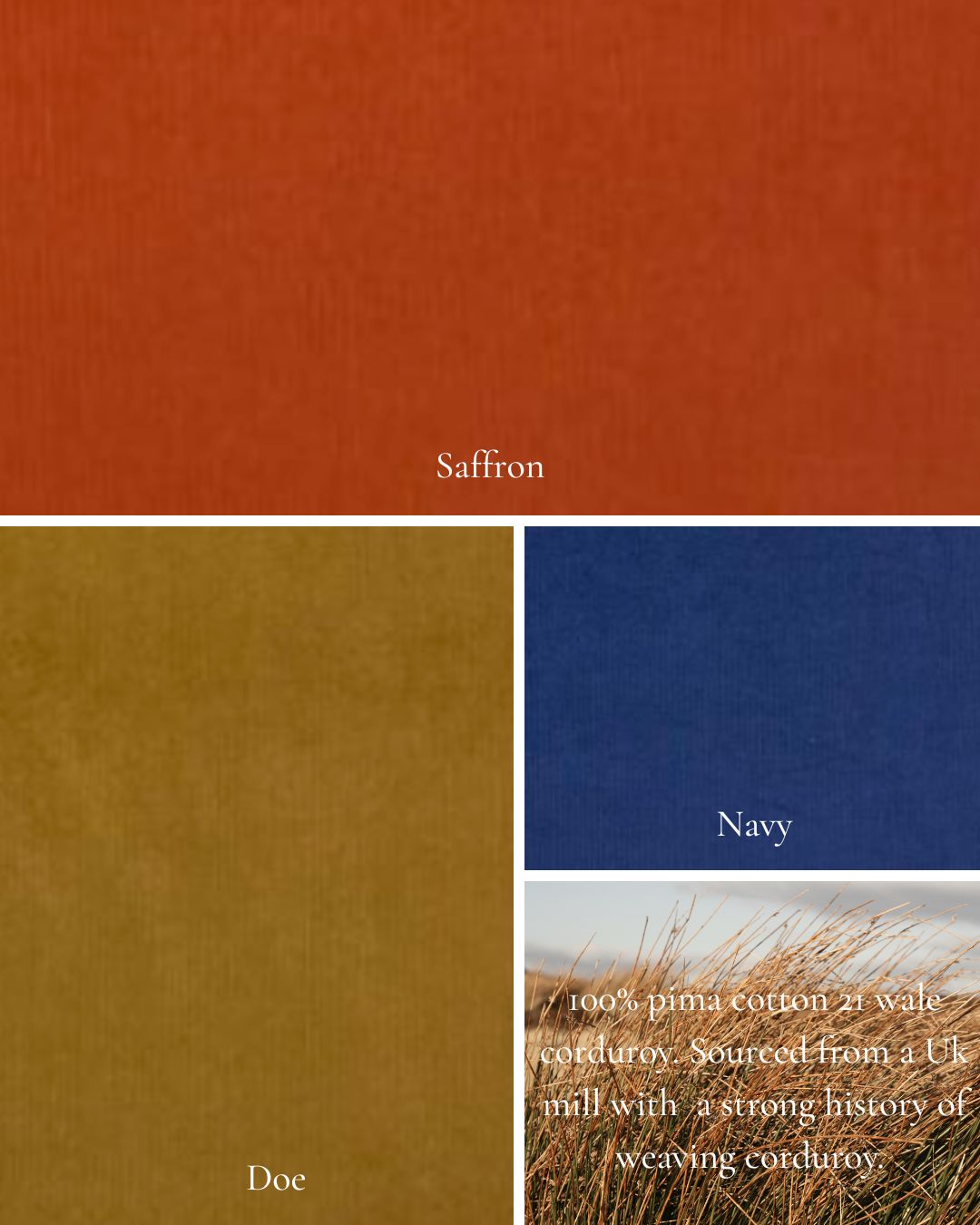 Color swatches labeled 'Saffron', 'Navy', and 'Doe' with text about 100% pima cotton and weaving history.