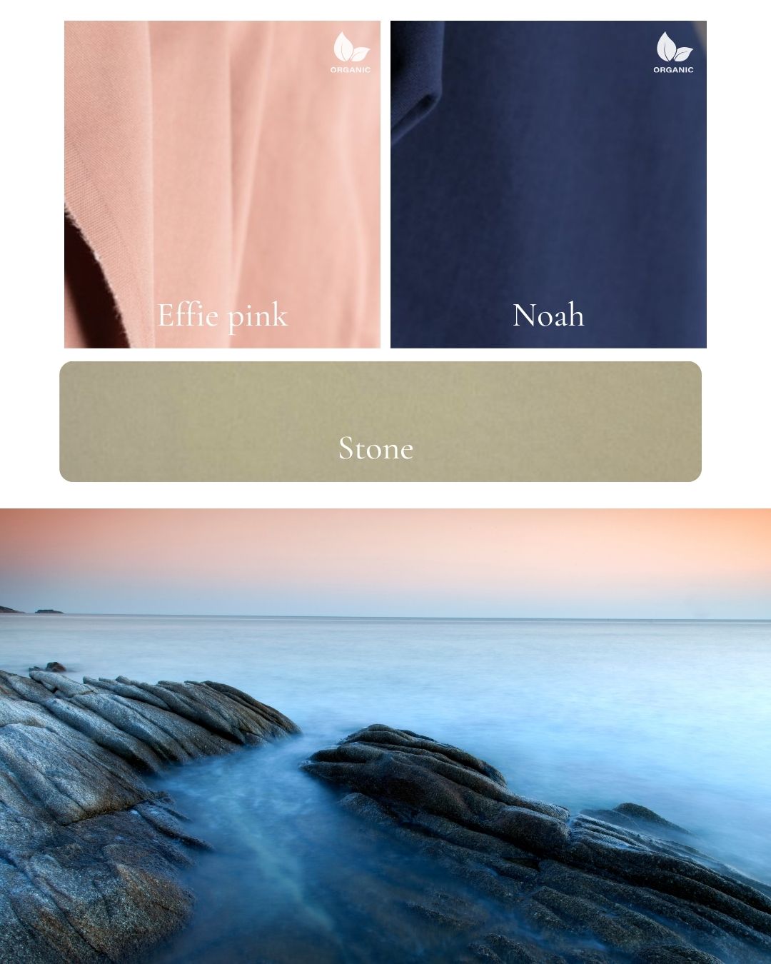 Fabric swatches with words Effie pink, Noah navy and stone.