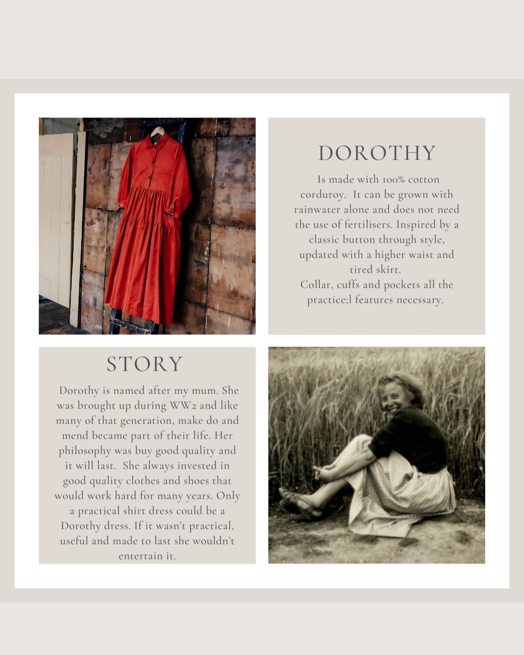 4 piece collage with 2 pictures a dress and a woman sitting. 