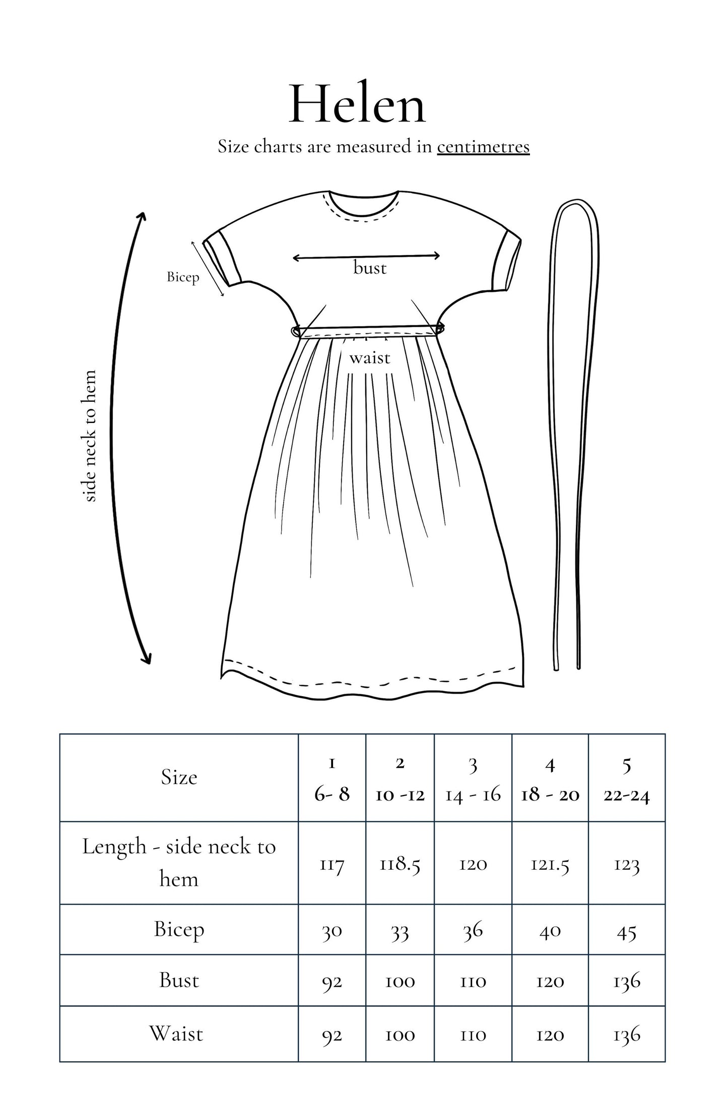 Garment size chart for Helen dress