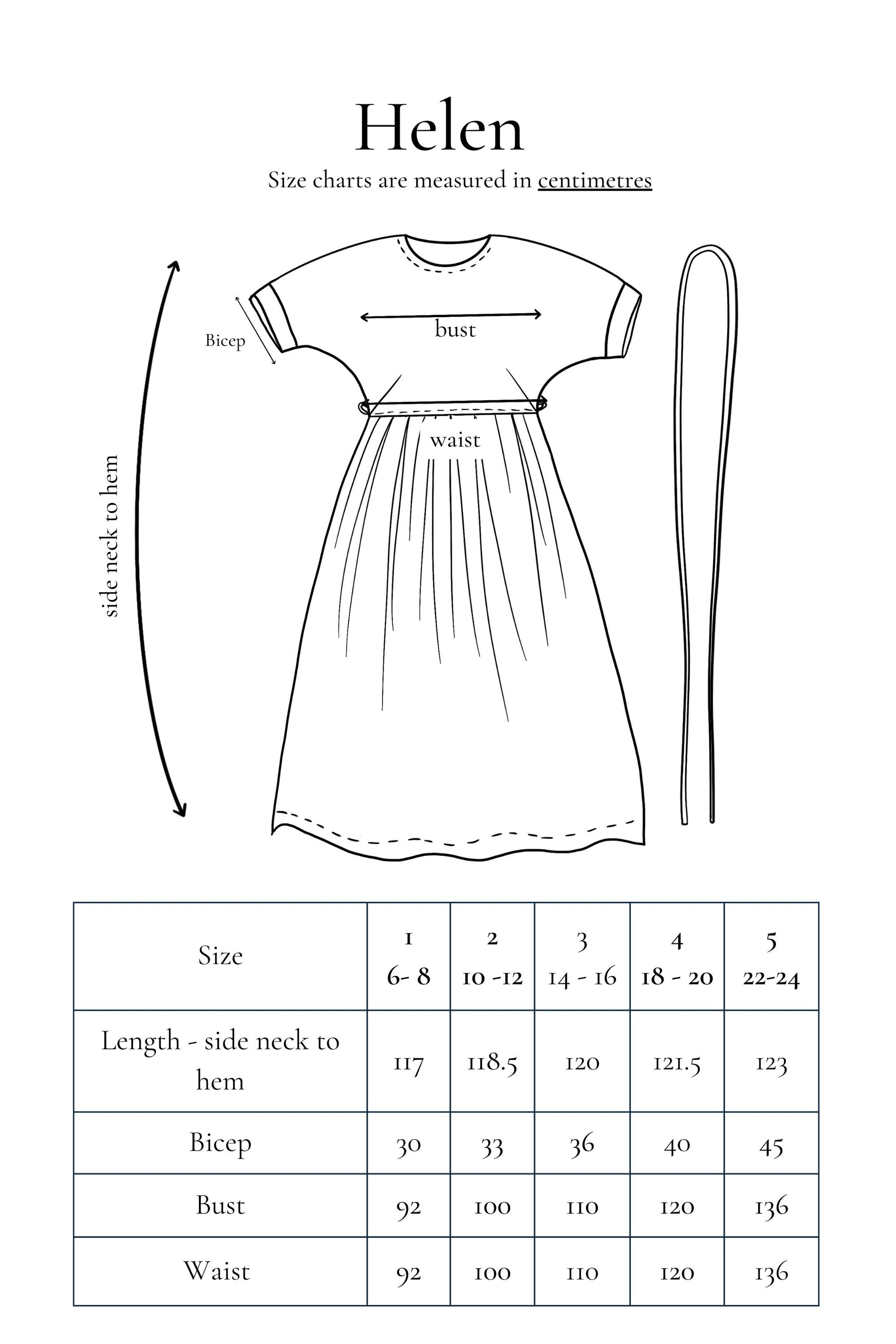 Garment size chart for Helen dress