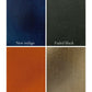 Four fabric swatches labeled 'New indigo', 'Faded black', 'Copper sunset', and 'Hare' on a white background.