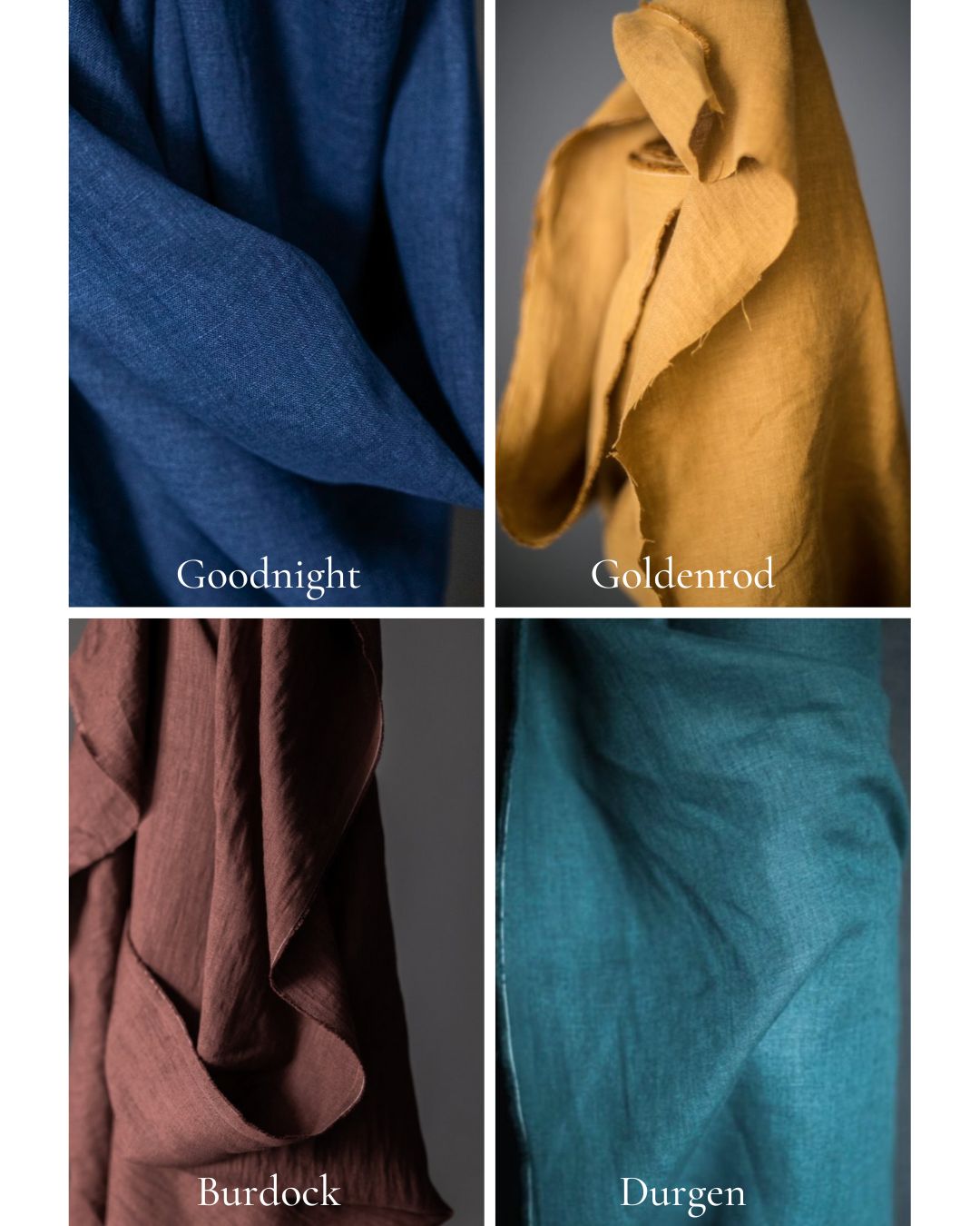 Four fabric swatches labeled 'Goodnight', 'Goldenrod', 'Burdock', and 'Durnen' against a dark background.