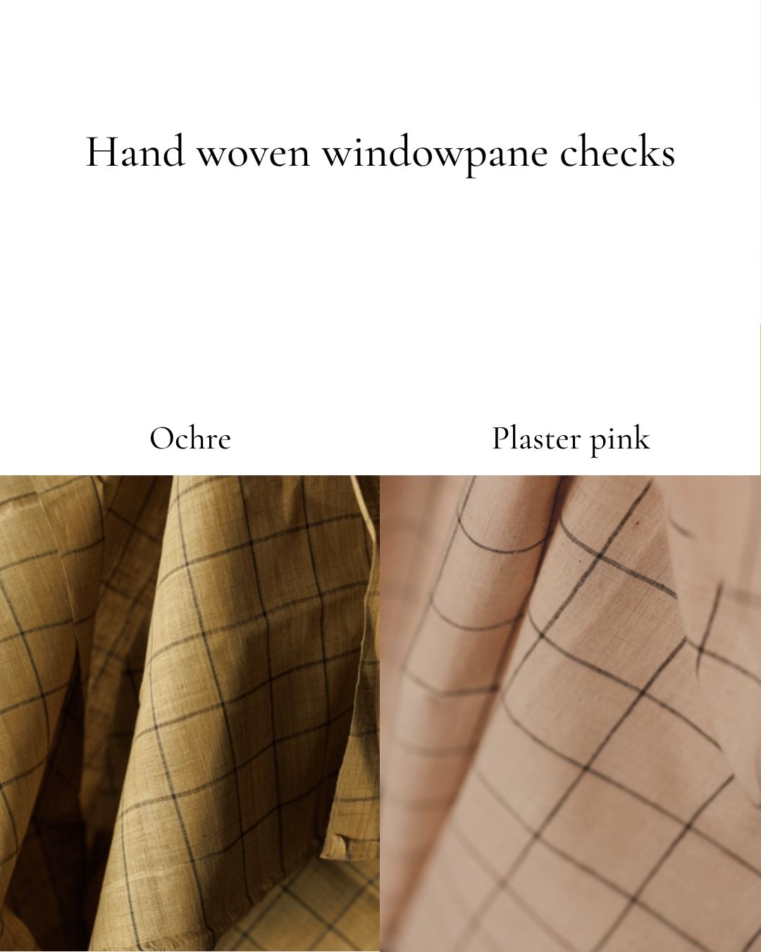 Hand woven windowpane checks fabric swatches in ochre and plaster pink on a white background.