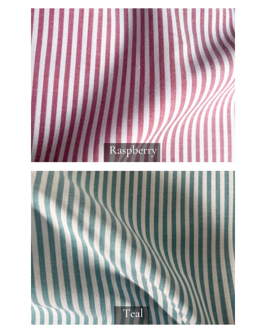 Two fabric swatches with 'Raspberry' and 'Teal' labels on a white background.
