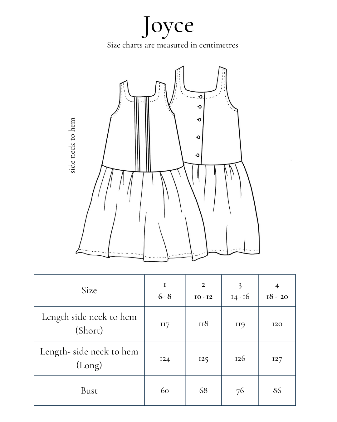 Sketch and size chart for Joyce pinafore dress