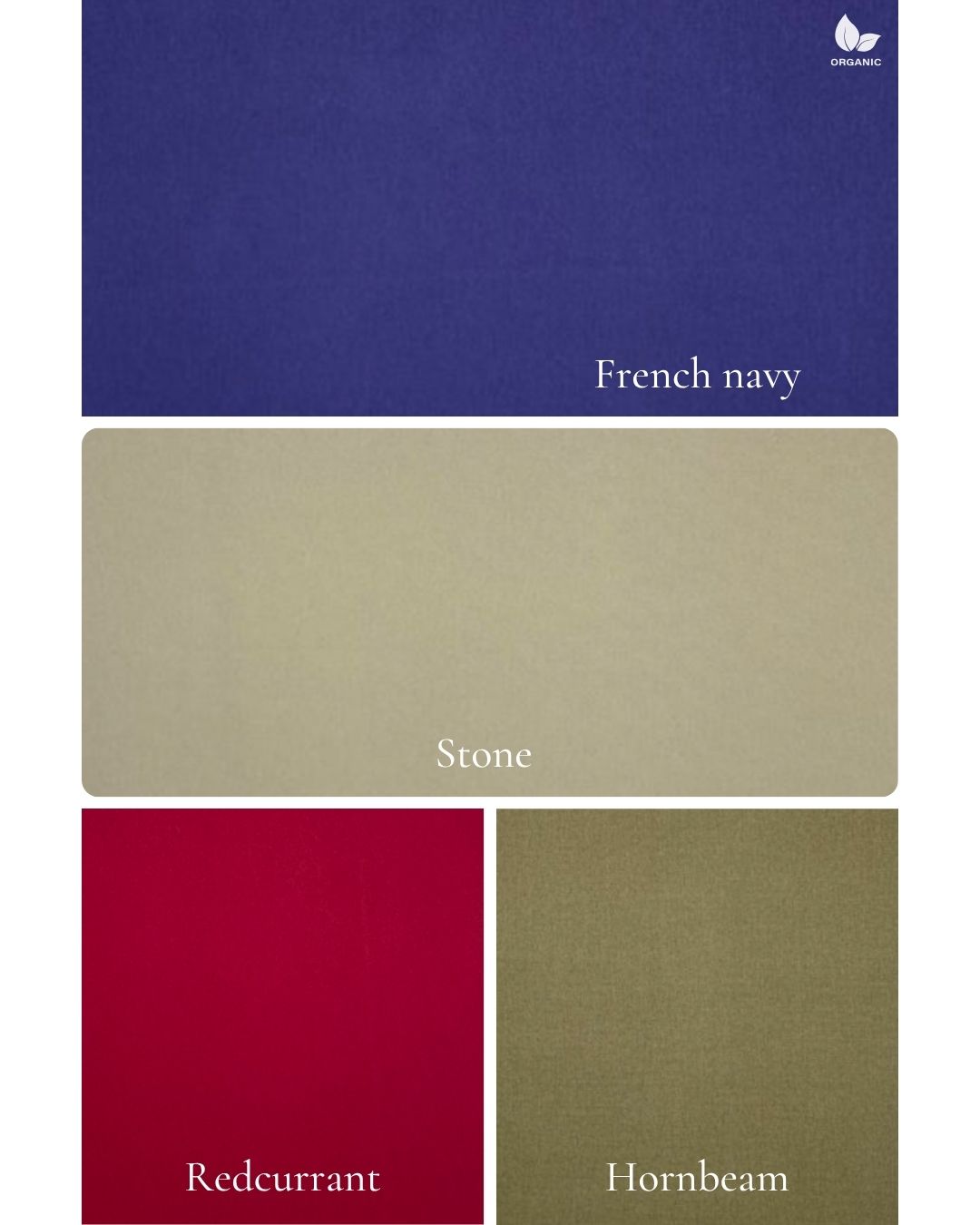 Color swatches labeled 'French navy', 'Stone', 'Redcurrant', and 'Hornbeam' on a white background.