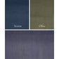 Three fabric swatches labeled 'Storm', 'Olive', and 'Grey' on a white background.