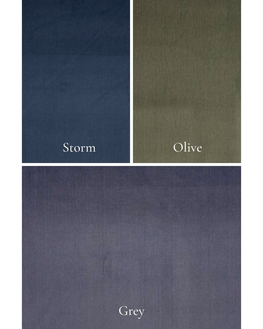 Three fabric swatches labeled 'Storm', 'Olive', and 'Grey' on a white background.