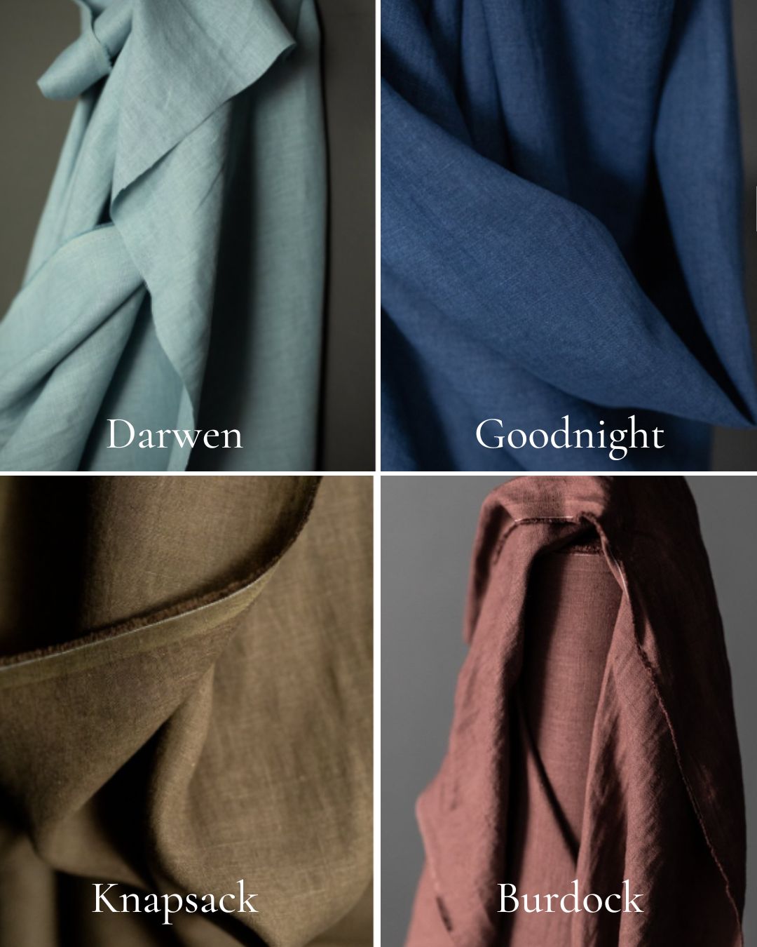 Four fabric swatches labeled 'Darwen', 'Goodnight', 'Knapsack', and 'Burdock' on a dark background.