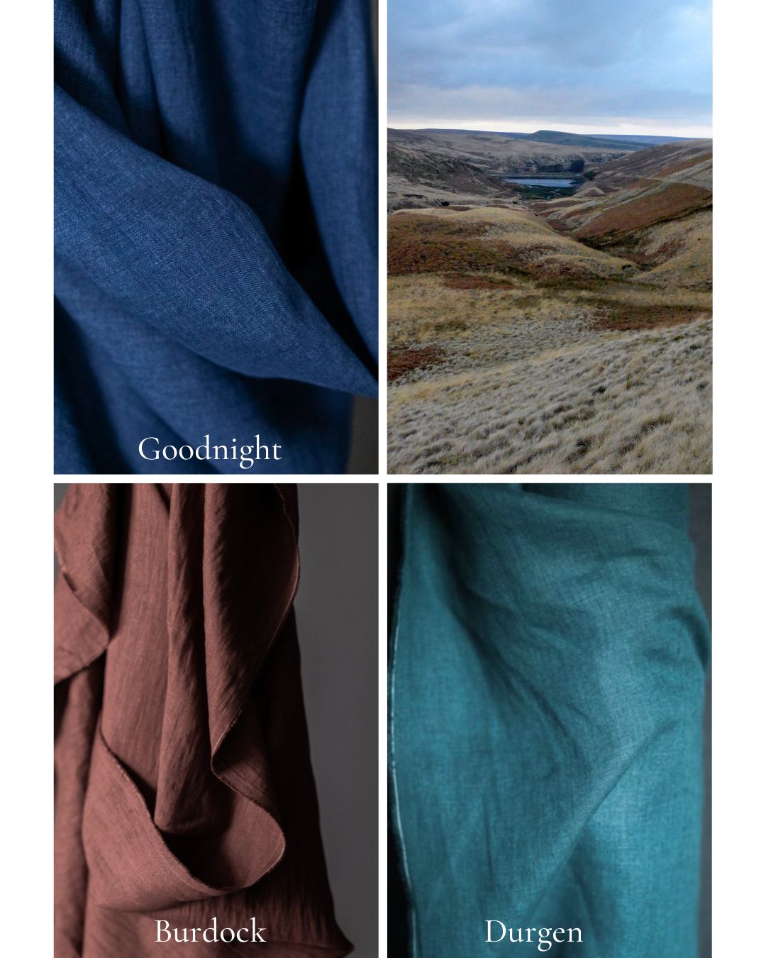 Collage of fabric swatches labeled 'Goodnight', 'Burdock', and 'Durnen' with a scenic landscape.