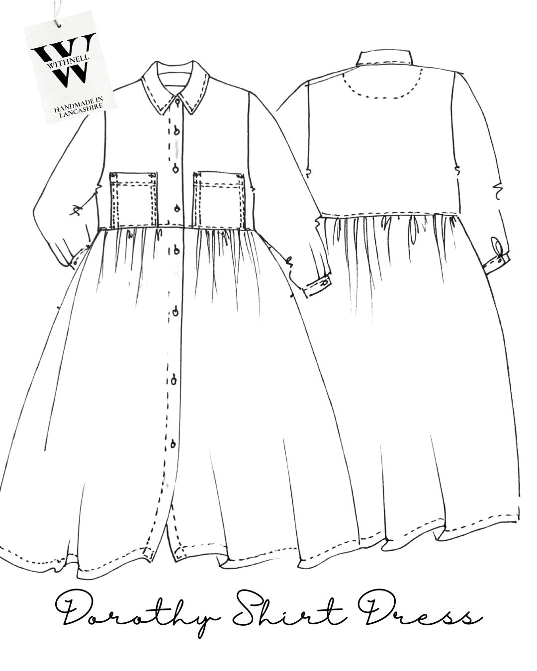 Line drawing of a shirt dress with front and back views, labeled 'Dorothy Shirt Dress'.